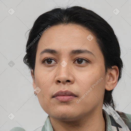 Neutral asian young-adult female with medium  black hair and brown eyes