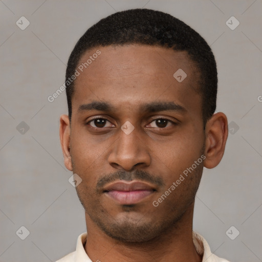 Neutral latino young-adult male with short  black hair and brown eyes