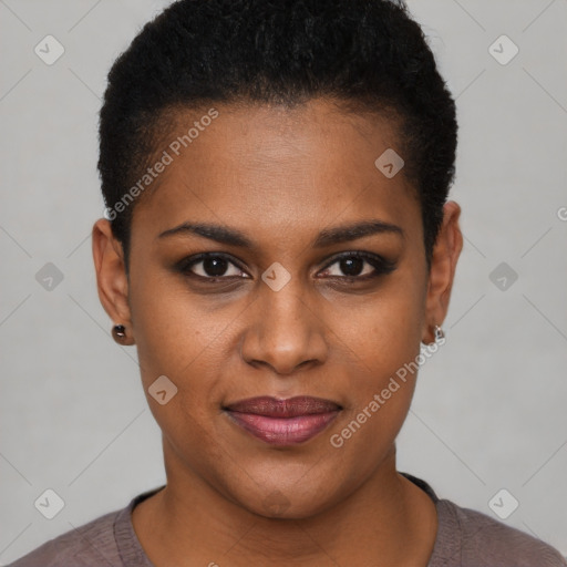 Joyful black young-adult female with short  brown hair and brown eyes