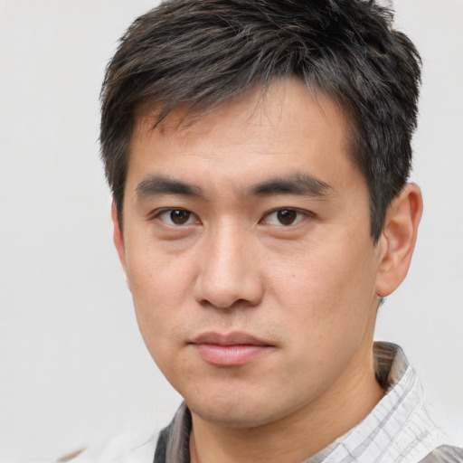 Neutral asian young-adult male with short  brown hair and brown eyes