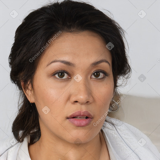 Neutral white adult female with medium  brown hair and brown eyes