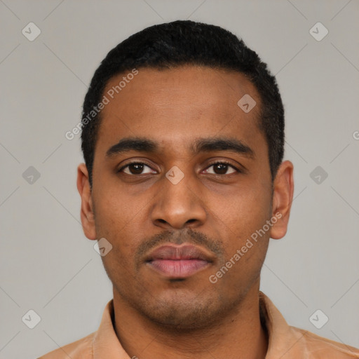 Neutral latino young-adult male with short  black hair and brown eyes