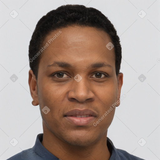Neutral black young-adult male with short  black hair and brown eyes