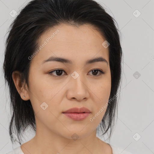 Neutral asian young-adult female with medium  brown hair and brown eyes