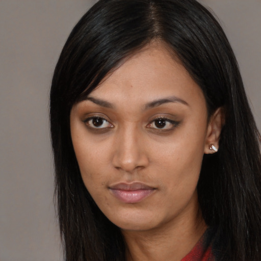 Neutral asian young-adult female with long  black hair and brown eyes