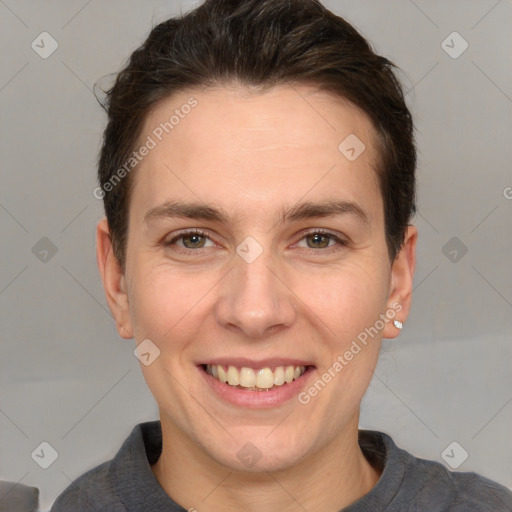 Joyful white adult female with short  brown hair and brown eyes