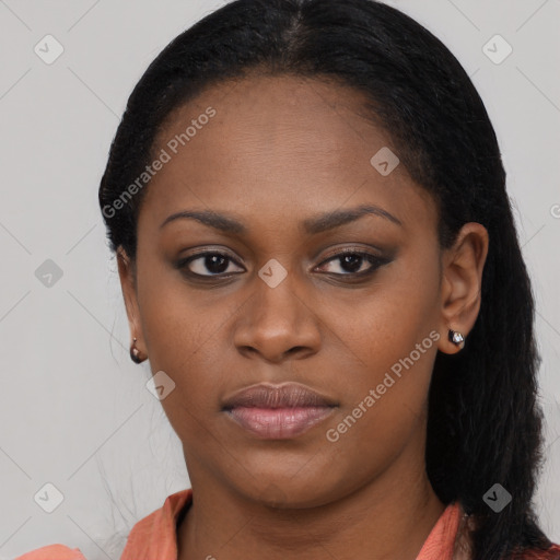 Neutral black young-adult female with long  black hair and brown eyes