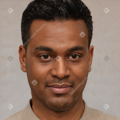 Joyful black young-adult male with short  black hair and brown eyes