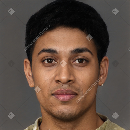 Neutral latino young-adult male with short  black hair and brown eyes