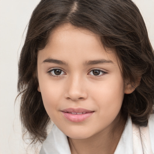 Joyful white child female with medium  brown hair and brown eyes