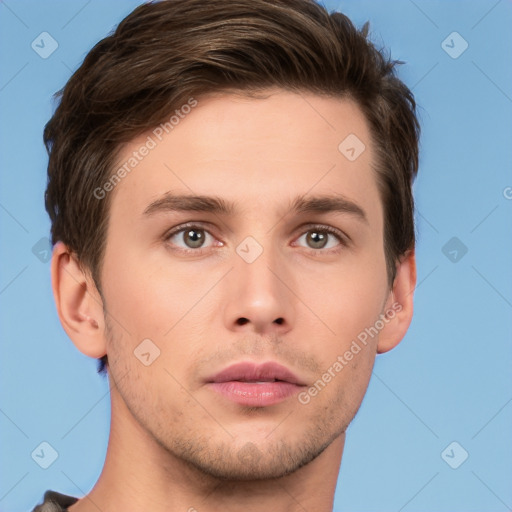 Neutral white young-adult male with short  brown hair and brown eyes