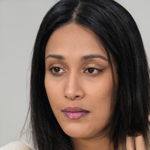 Neutral asian young-adult female with long  black hair and brown eyes