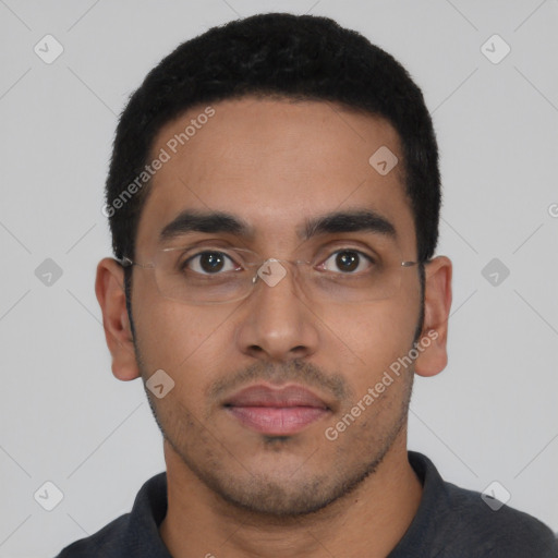Neutral latino young-adult male with short  black hair and brown eyes