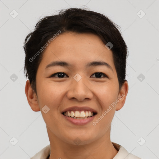 Joyful asian young-adult female with short  brown hair and brown eyes