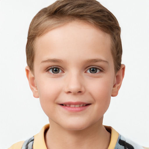 Joyful white child female with short  brown hair and grey eyes