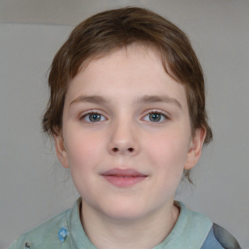 Neutral white child female with medium  brown hair and blue eyes