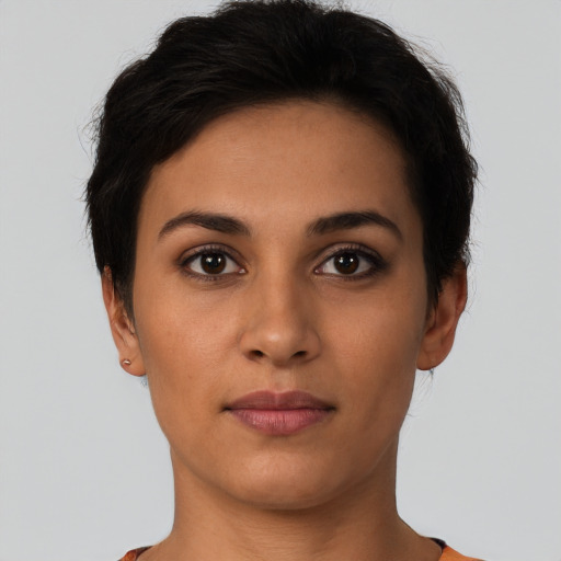 Neutral latino young-adult female with short  black hair and brown eyes