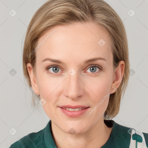 Joyful white young-adult female with medium  brown hair and blue eyes