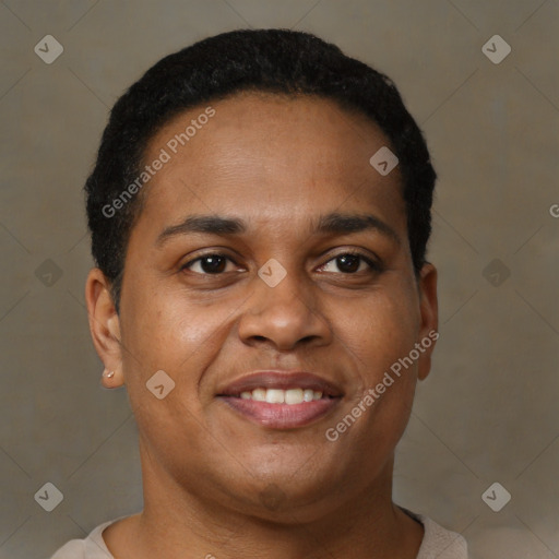 Joyful black young-adult male with short  brown hair and brown eyes