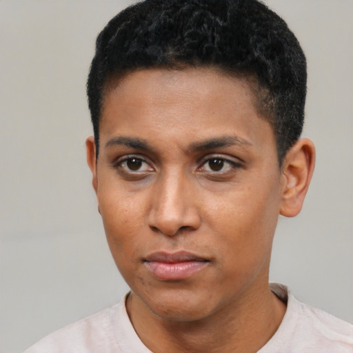 Neutral black young-adult male with short  black hair and brown eyes