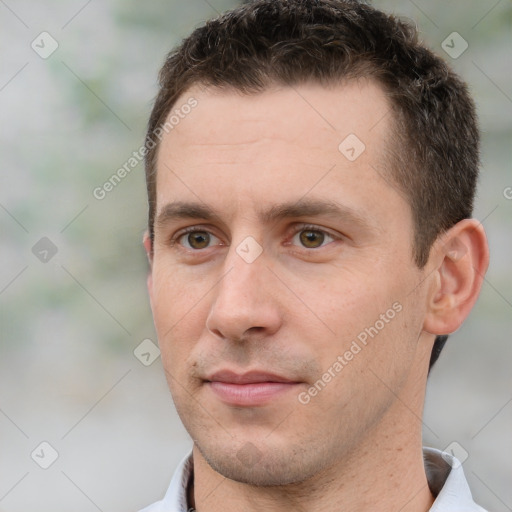 Neutral white young-adult male with short  brown hair and brown eyes