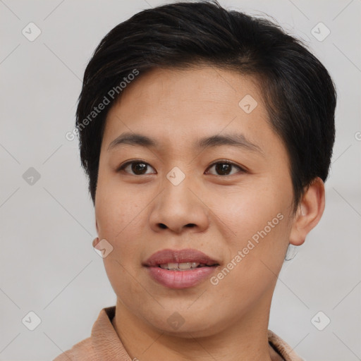 Joyful asian young-adult female with short  brown hair and brown eyes