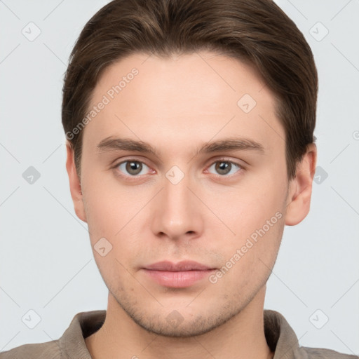 Neutral white young-adult male with short  brown hair and brown eyes