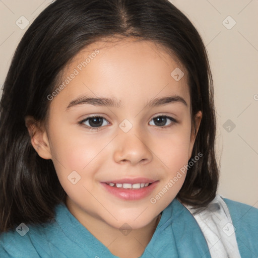 Joyful white child female with medium  brown hair and brown eyes