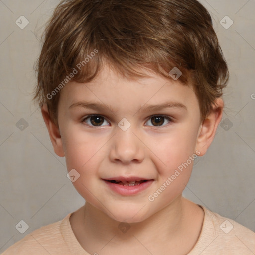 Joyful white child male with short  brown hair and brown eyes