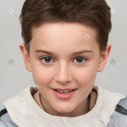 Joyful white child female with short  brown hair and brown eyes