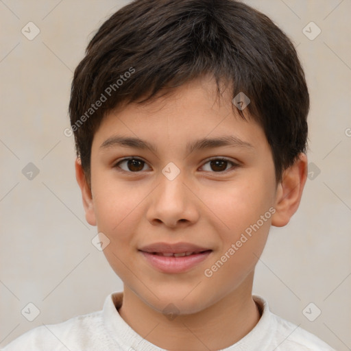 Joyful white child male with short  brown hair and brown eyes