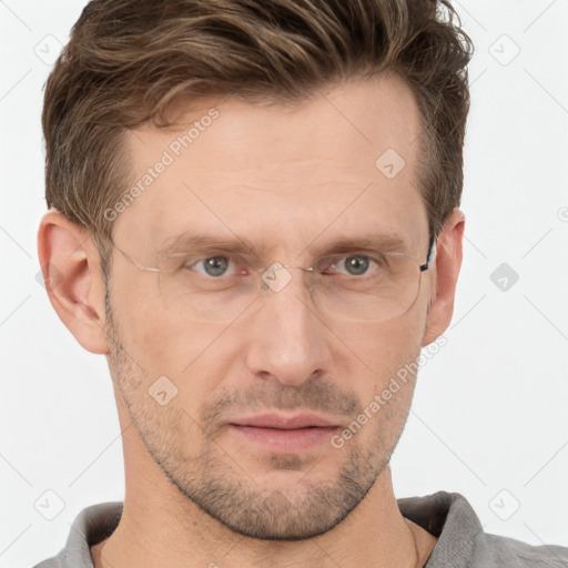 Joyful white adult male with short  brown hair and grey eyes