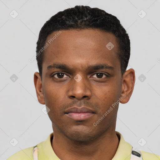 Neutral black young-adult male with short  black hair and brown eyes