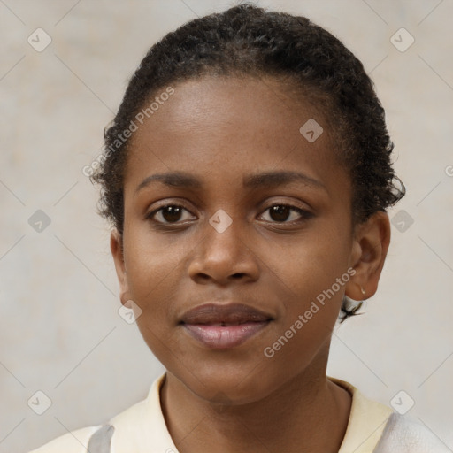 Neutral black young-adult female with short  brown hair and brown eyes