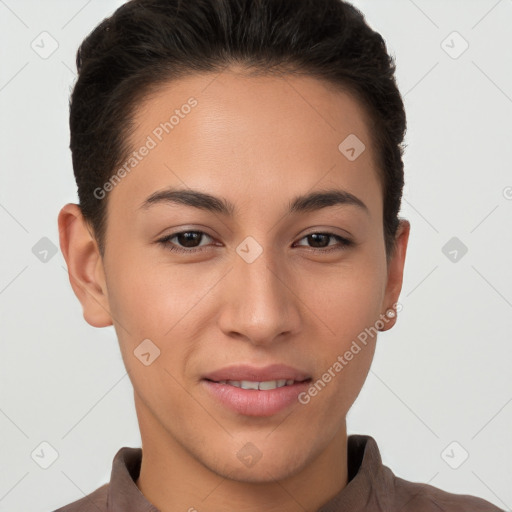 Joyful white young-adult female with short  brown hair and brown eyes