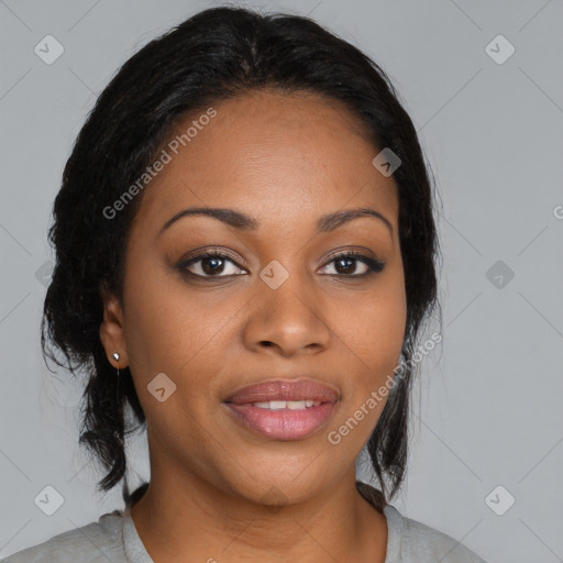 Joyful black young-adult female with medium  brown hair and brown eyes