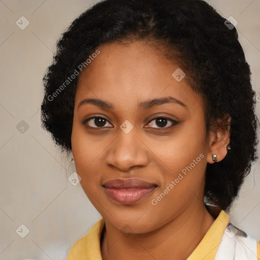 Joyful black young-adult female with medium  black hair and brown eyes