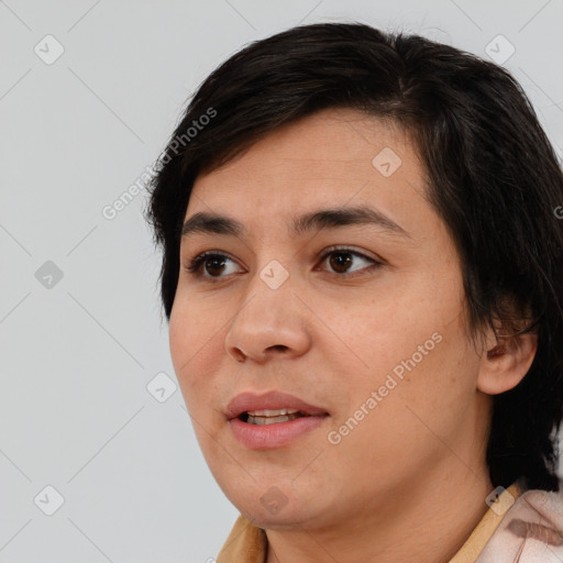 Joyful white young-adult female with medium  brown hair and brown eyes