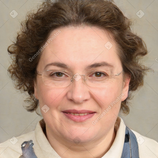 Joyful white adult female with medium  brown hair and blue eyes