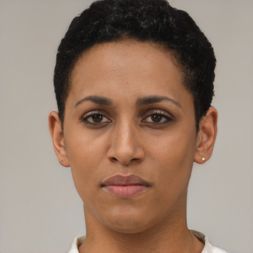 Neutral black young-adult female with short  black hair and brown eyes