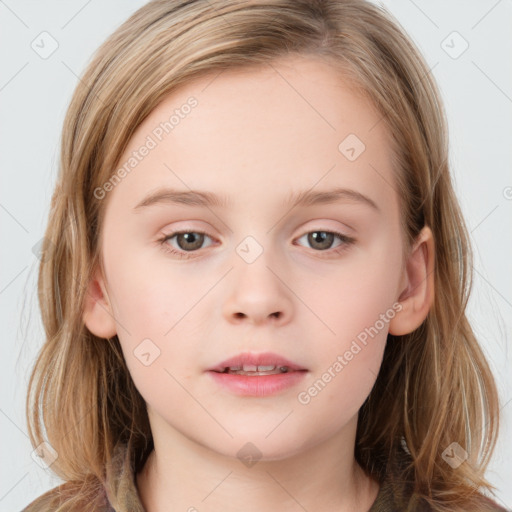 Neutral white child female with long  brown hair and brown eyes