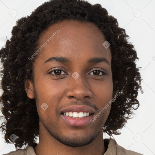 Joyful black young-adult female with long  brown hair and brown eyes