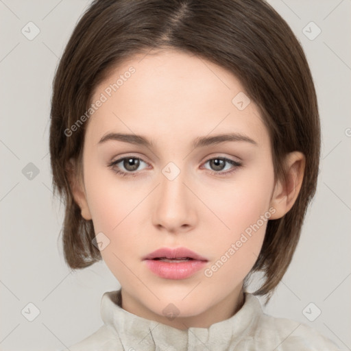 Neutral white young-adult female with medium  brown hair and brown eyes