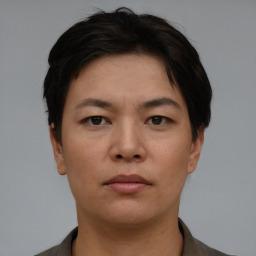 Neutral asian young-adult female with short  brown hair and brown eyes