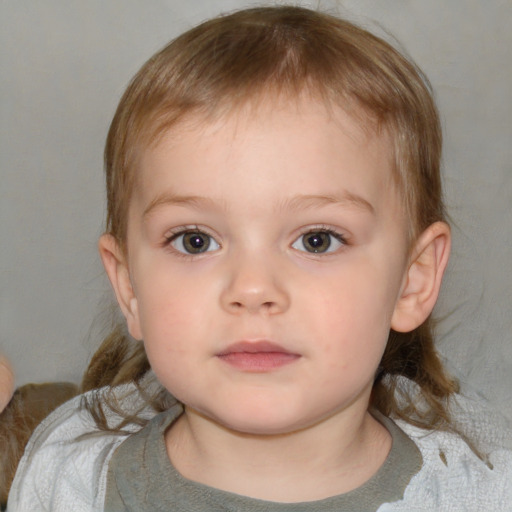 Neutral white child female with medium  brown hair and blue eyes