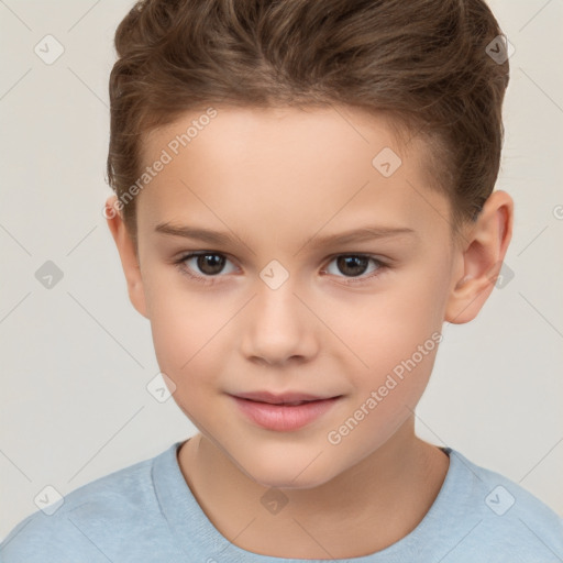 Joyful white child female with short  brown hair and brown eyes