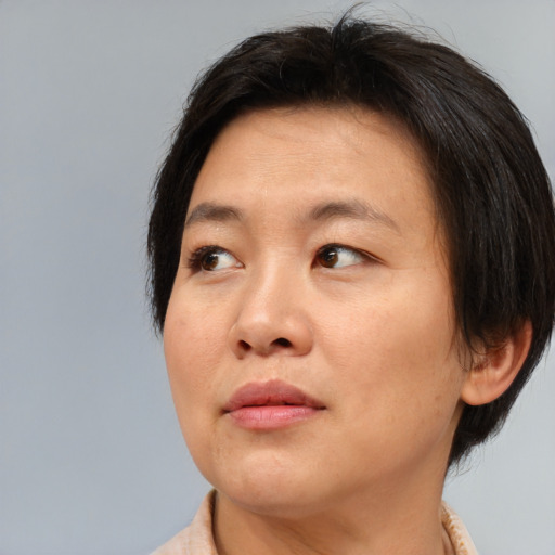 Joyful asian adult female with medium  brown hair and brown eyes