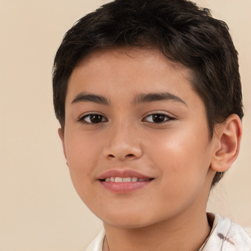 Joyful white child female with short  brown hair and brown eyes