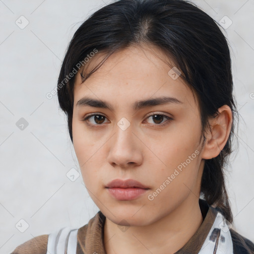 Neutral asian young-adult female with medium  brown hair and brown eyes