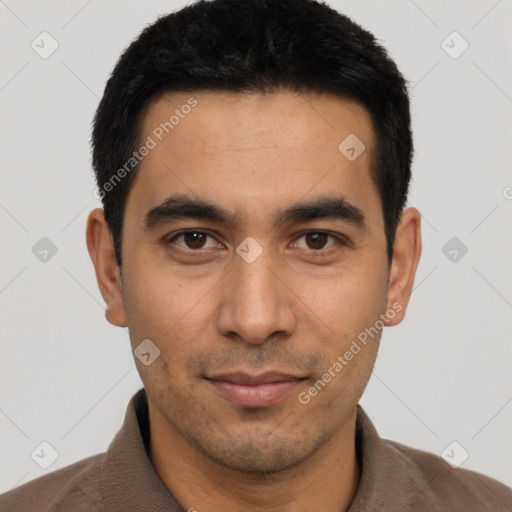 Neutral asian young-adult male with short  black hair and brown eyes